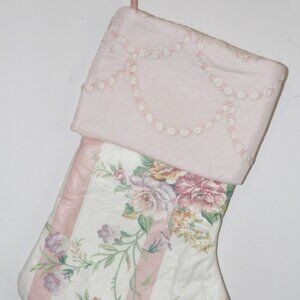Pink Floral Stripe 14" Hand Crafted Christmas Stocking Pink Cord to Hang